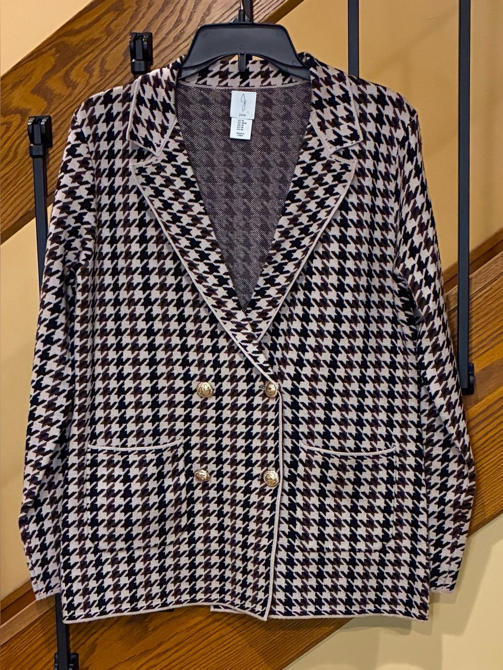 Joie Sweater Blazer houndstooth Brown Black double-breasted Gold ButtonsSZ. Med